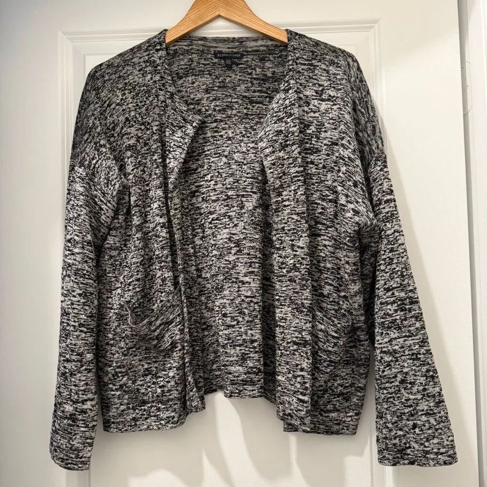 Eileen Fisher marled black and white knit Cardigan size L silk linen blend